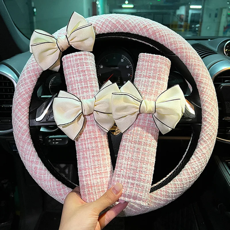 

Steering wheel cover all-season general girls small ins wind cotton and linen car non-slip warm light luxury bow Car interior