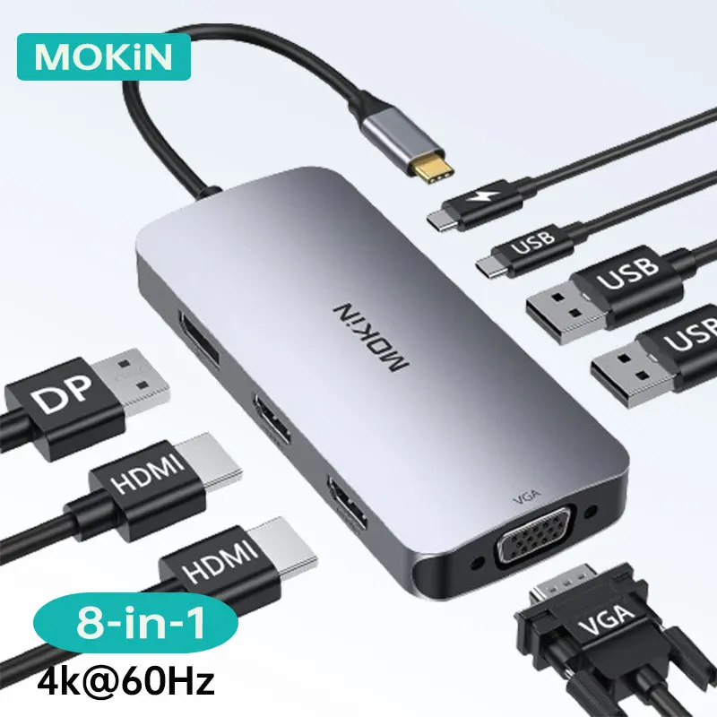 

Док-станция MOKiN 8 в 1, USB C концентратор с 2 HDMI DP PD100W зарядка, мультимониторы, адаптер для Dell/HP/Lenovo, аксессуары для ноутбуков