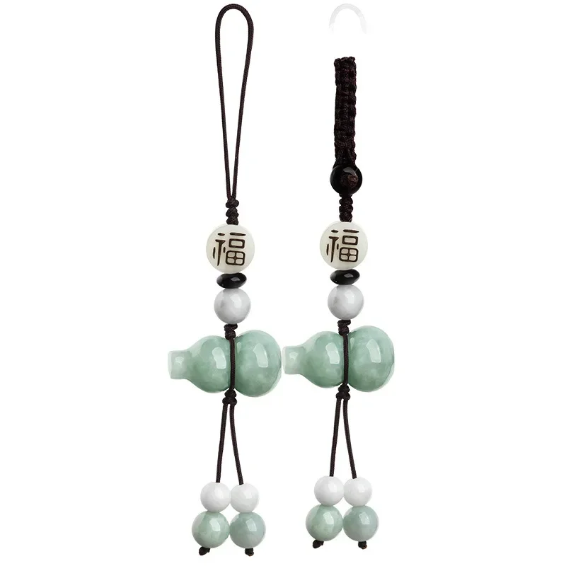 

Burmese Jade Gourd Keychain Fashion Wristlet Jadeite Car Accessories Phone Charm Natural Emerald Green Lanyard Keychains