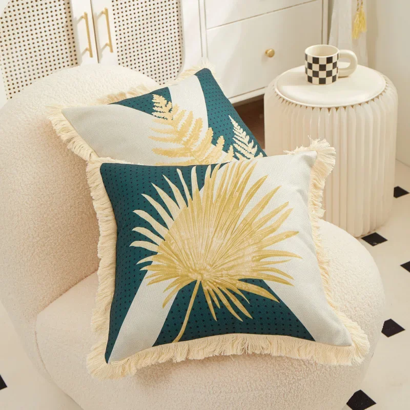 

Однотонная наволочка из искусственного льна с кисточками, золотые листья, квадратная наволочка, подушка, декоративный домашний диван для гостиной