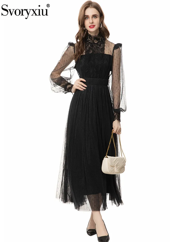 

Svoryxiu Fashion Runway Summer Party Black Elegant Long Dress Women's Lace Stand Collar High Waist Net Yarn Big Swing Dress