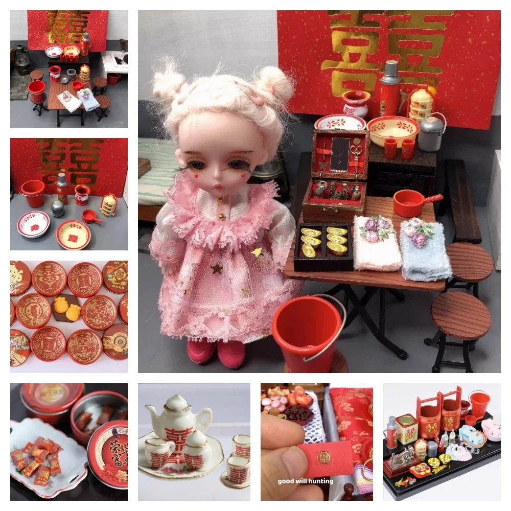 

1:12 Doll House Handmade Clay Chinese Wedding Dowry Set Candy Box Red Envelope Window Decal Washbasin OB11 Play Home Toy Model