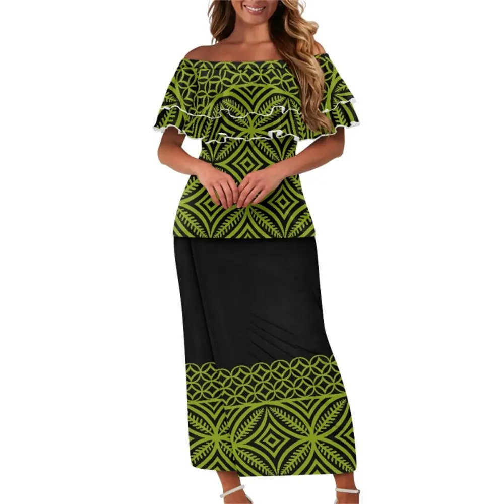 

Off Shoulder Puletasi Church Elegant Dresses Island Polynesian Tribal Clothing Custom Hawaiian Samoan Fijian Print 2 Piece Set