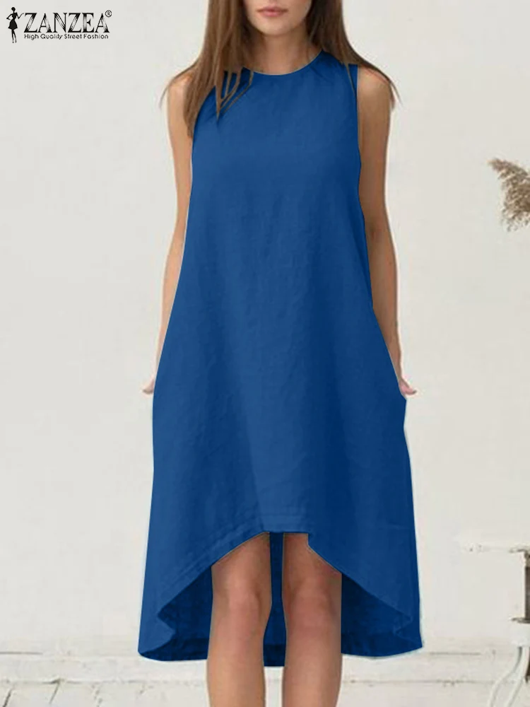 

Платье ZANZEA женское хлопковое асимметричное, модный винтажный сарафан средней длины без рукавов, с круглым вырезом, праздничный халат, Y2K, лето 2024