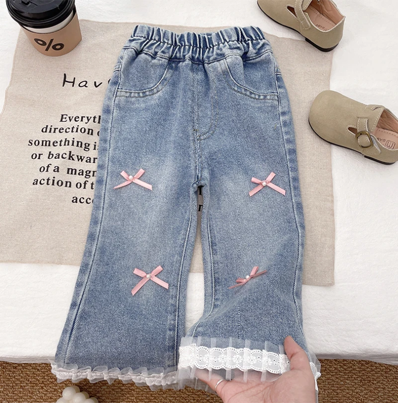 بنطلونات جينز للفتيات لفصلي الربيع والخريف بأسلوب غربي مع دانتيل وفيونكة، سراويل واسعة من الأسفل، بنطلونات طويلة أنيقة للفتيات الصغيرات بأسلوب كوري متعدد الاستخدامات بنطلونات جينز للفتيات لفصلي الربيع والخريف بأسلوب غربي مع دانتيل وفيونكة، سراويل واسعة من الأسفل، بنطلونات طويلة أنيقة للفتيات الصغيرات بأسلوب كوري متعدد الاستخدامات