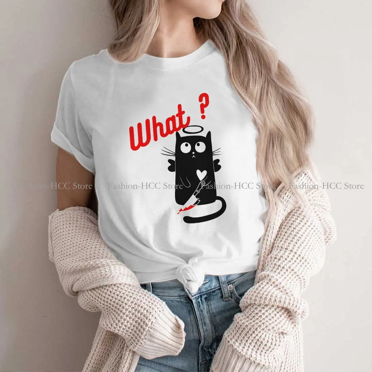 

Holding Knife Funny Halloween Costume Newest Polyester TShirts Cat What Murderous Female Graphic Tops T Shirt O Neck