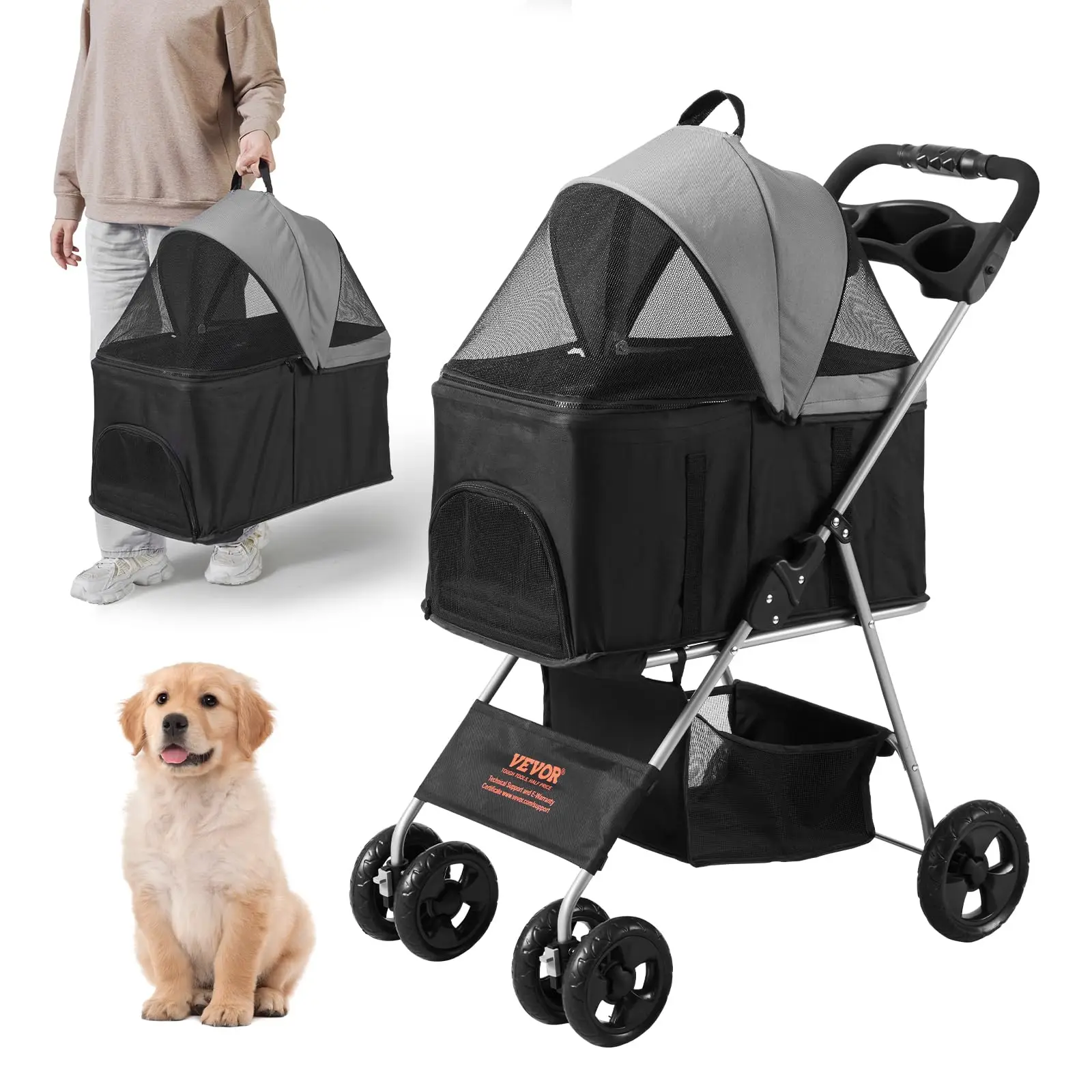 

3 in 1 Dog Stroller For Medium Small Dogs Up to 35lbs, 4 Wheels Folding Pet Stroller For Dogs Cats With Detachable Carrier