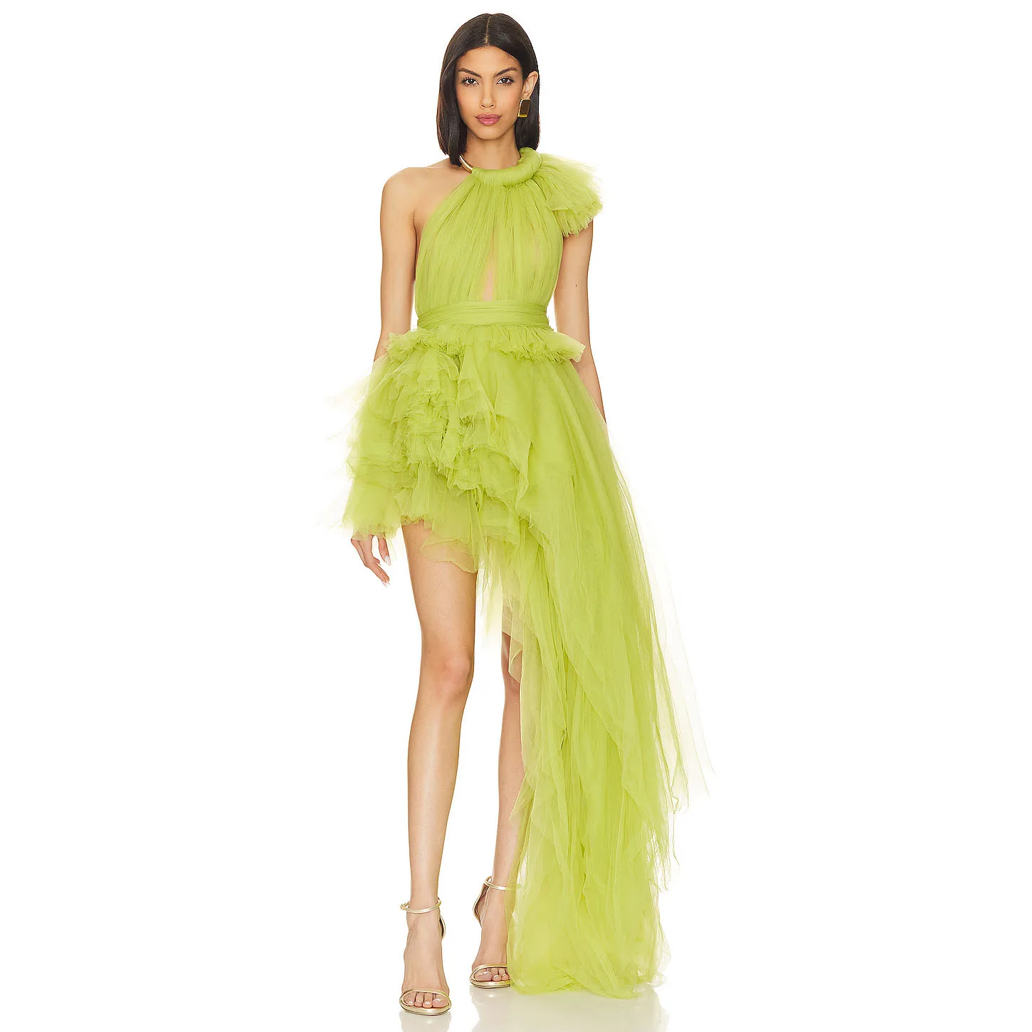 

Neon Green Dresses Fashion Asymmetrical Maxi Dress Off Shoulder robe de soiree Prom Gowns Customized Layered Tulle Dress Chic