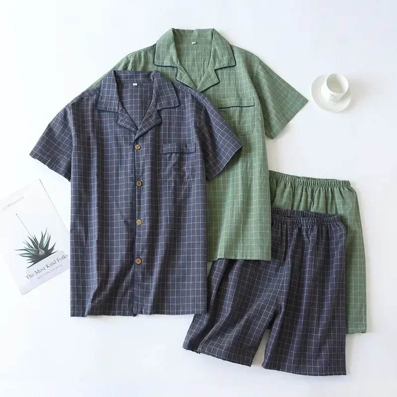 

Pajamas Pijama Plaid Suit 2023 Summer Short-sleeved Home Shorts Washed Simple Men's Cotton Japanese Hombre Pantalon Service Thin