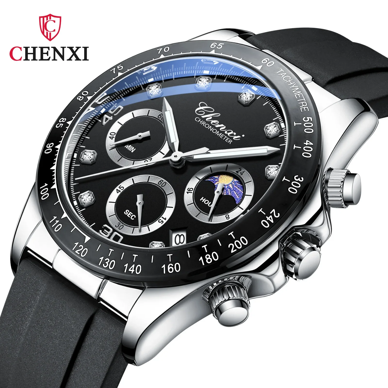 

CHENXI Multi Functional New Silicone Belt Watch Men's Three Eye Six Pin Moon Phase Waterproof Business Casual Men's Watch