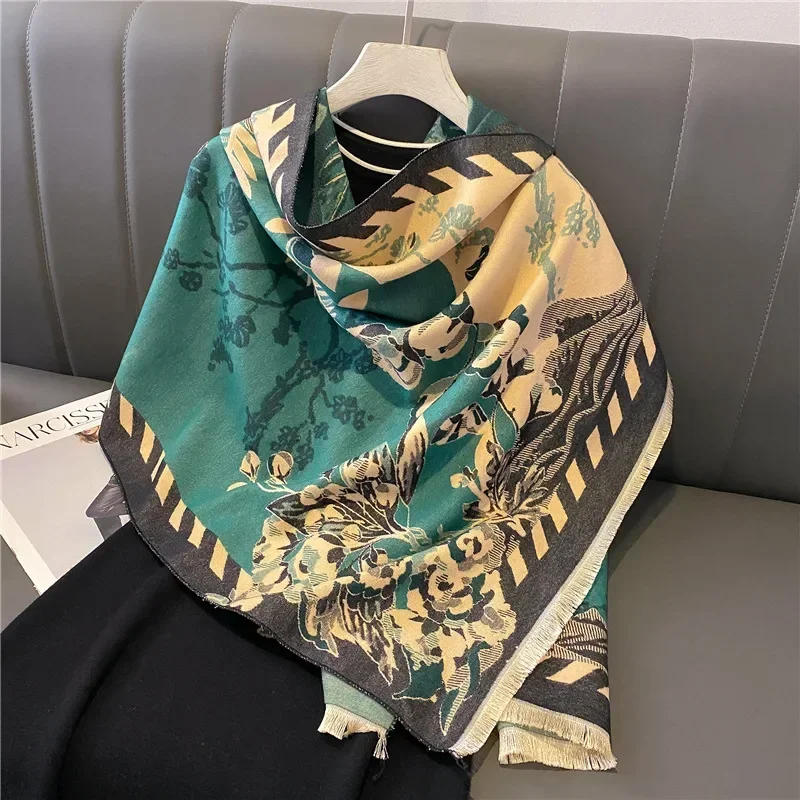 

2024 Designer Winter Cashmere Scarf Women Hijab Thick Blanket Shawls Leaf Wraps Ladies Long Pashmina Neckerchief Bufanda Echarpe