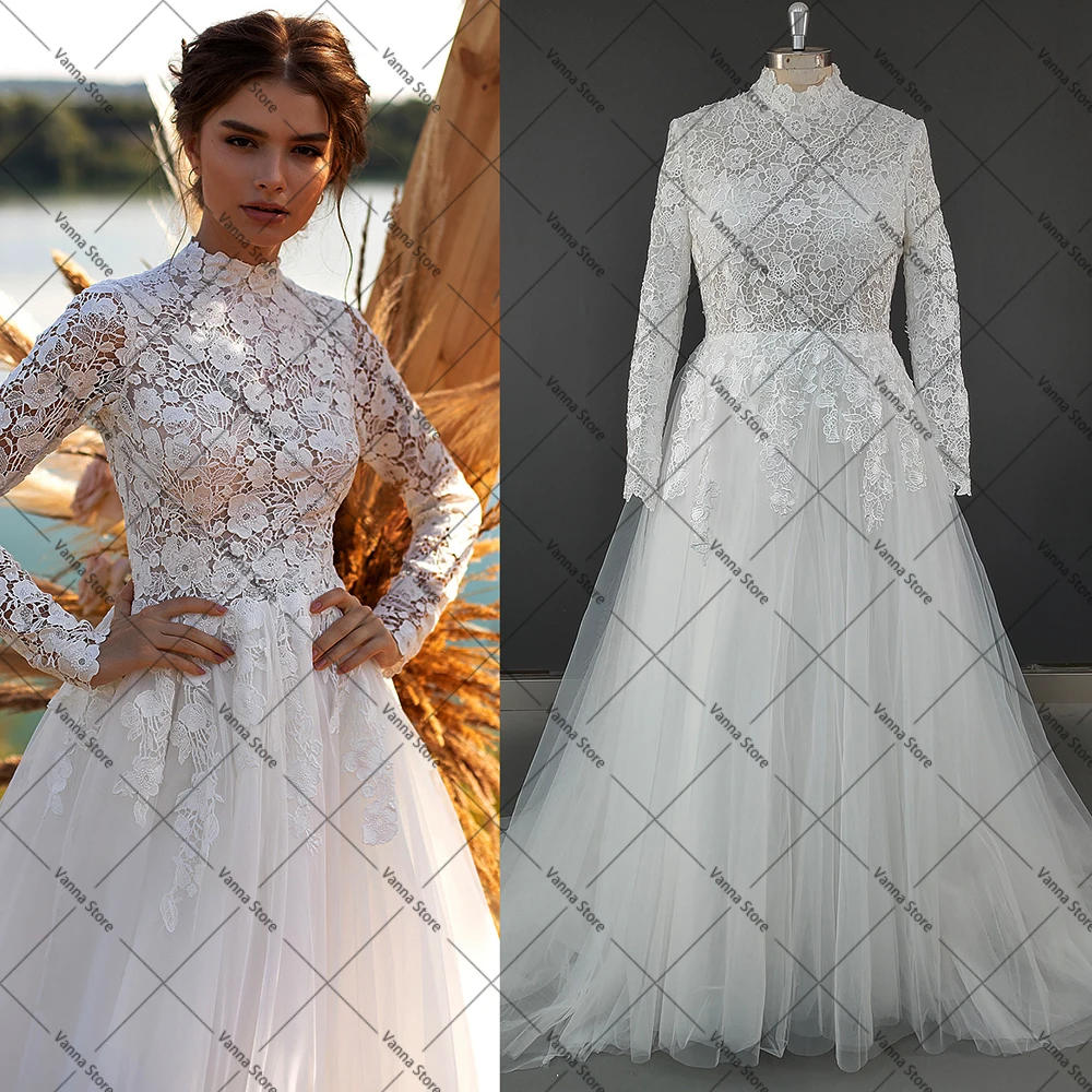 

Modest High Neck Long Sleeves Wedding Dress Custom Made Closed Back A Line Maxi Sheer Cutout Lace Real Photos Muslim Bridal Gown