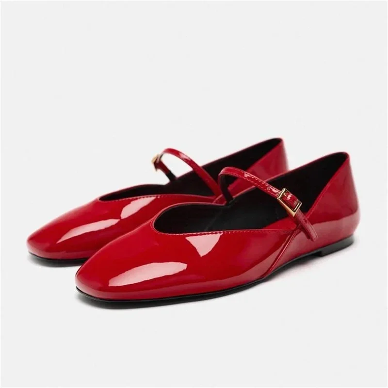 Woman Red Mary Jane Shoes 2024 Summer Chic Faux Patent Leather Flats Womens Fashion Round Toe Buckle Strap Single Shoes Woman Red Mary Jane Shoes 2024 Summer Chic Faux Patent Leather Flats Womens Fashion Round Toe Buckle Strap Single Shoes