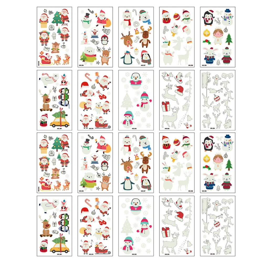 

20 Sheets Christmas Temporary Stickers Glow in the Dark Waterproof Santa Tattoos Arm Sleeve Body Tattoos Decals for Christmas