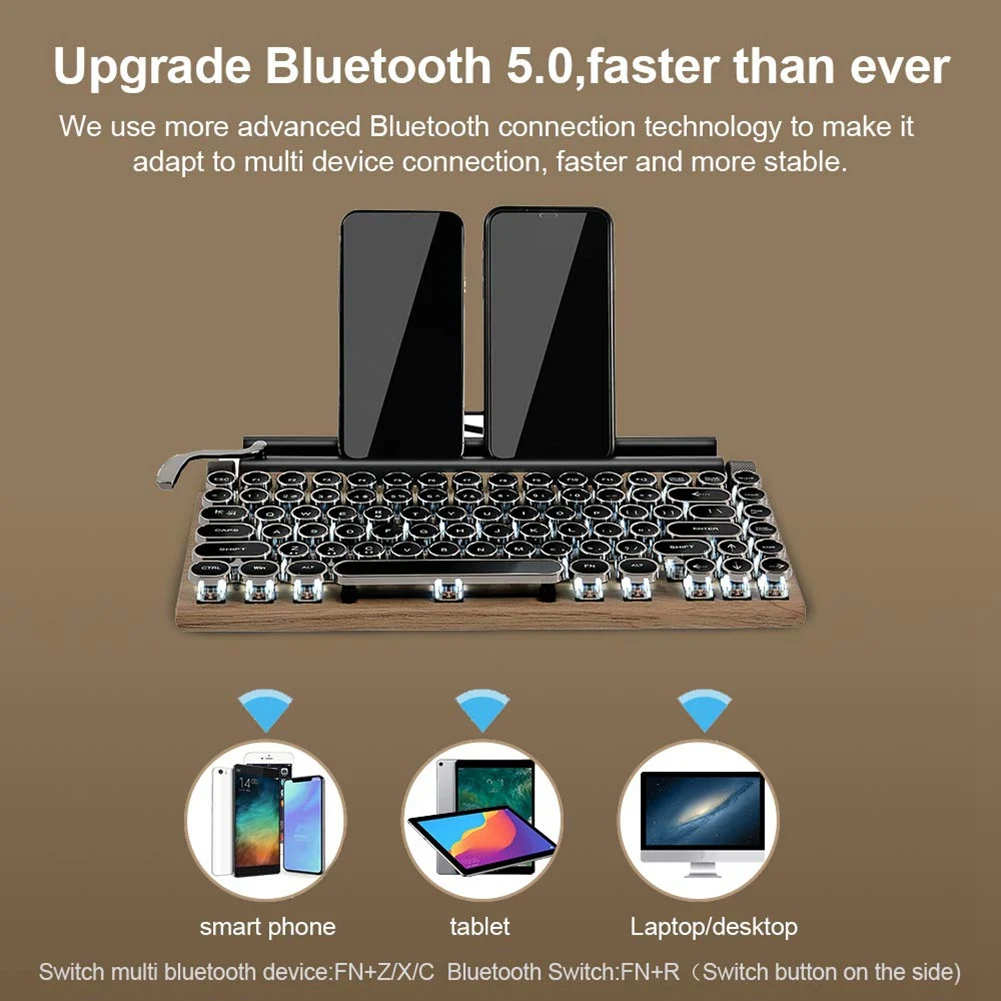 

Retro Typewriter Keyboard Wireless Bluetooth Keyboard USB Mechanical Punk Keycaps for Desktop PC/Laptop/Phone-Wood Color