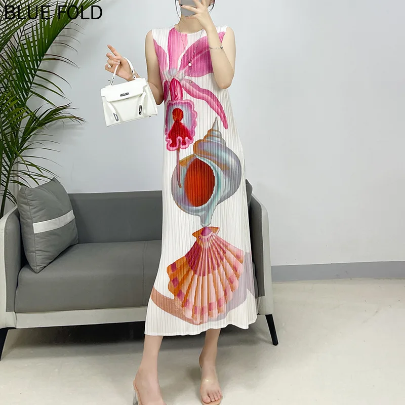 

Pleated Casual Printed Sleeveless Dress for Women Elegant Summer New Style Miyake Long Dress Slimming High-end Women's Clothing