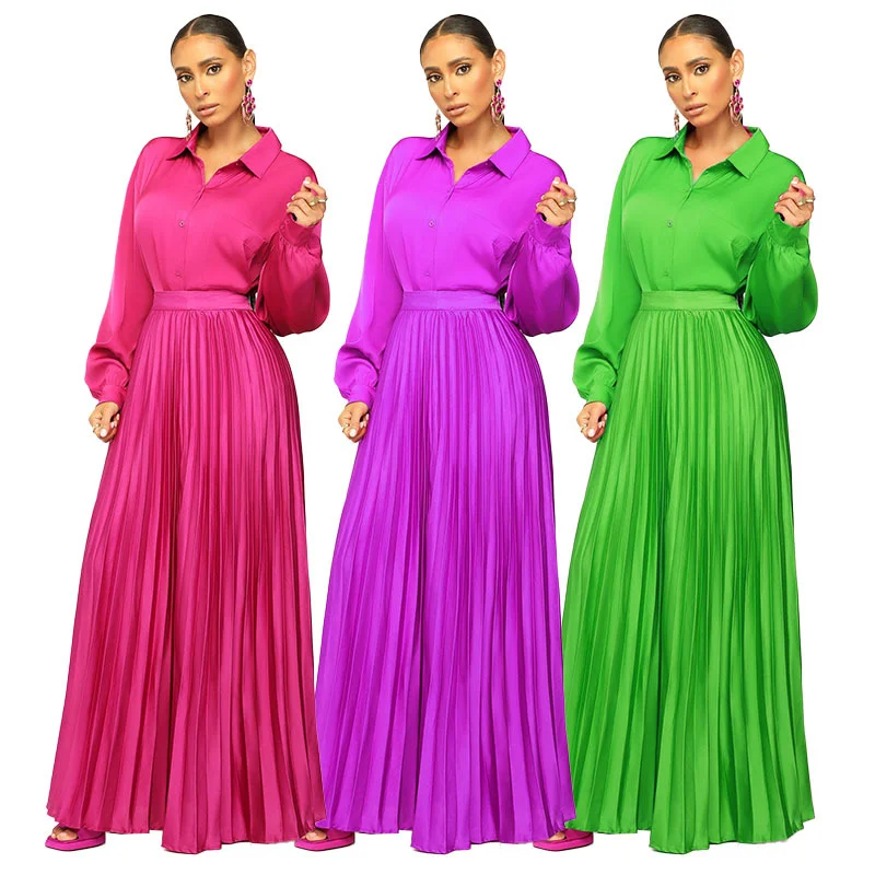 Women Sets Two Piece Set Turn-down Collar Long Sleeve Top And Elegant Pleated Long Skirt High Streetwear Casual Beach Suit
Women Sets Two Piece Set Turn-down Collar Long Sleeve Top And Elegant Pleated Long Skirt High Streetwear Casual Beach Suit