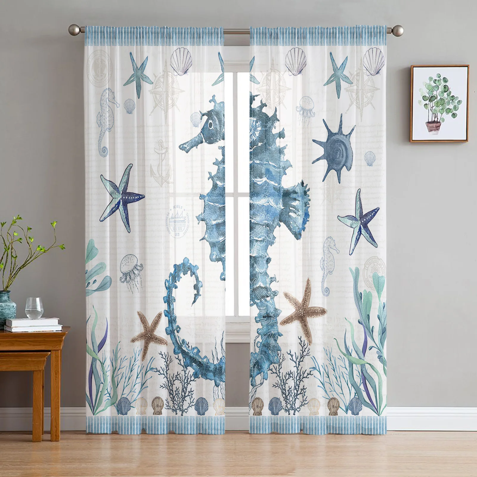 

Mediterranean Style Ocean Starfish Seahorse Stripes Tulle Curtains Living Room Kitchen Window Decoration Voile Sheer Curtain