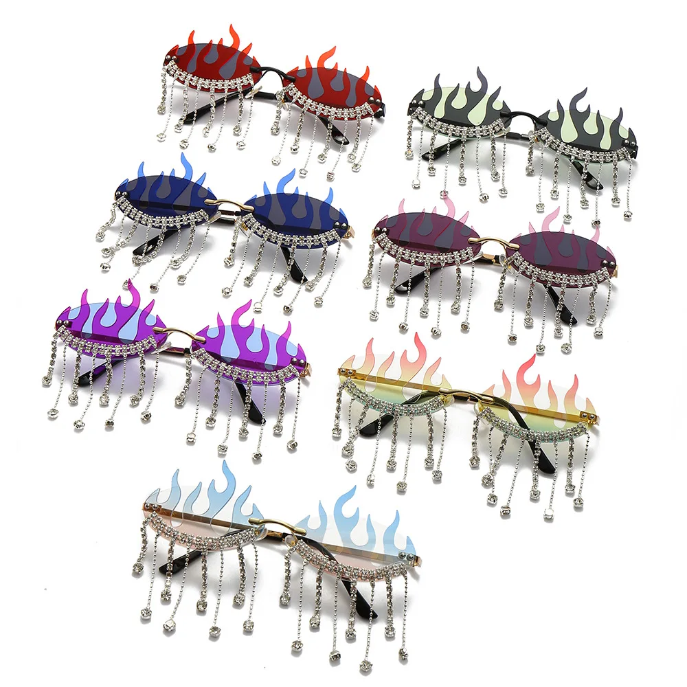 

Diamonds Fire Flame Sunglasses Women Luxury Rhinestone Fashion Rimless Eyewear Female Wave Shades Shiny UV400 Sun Glasses Men