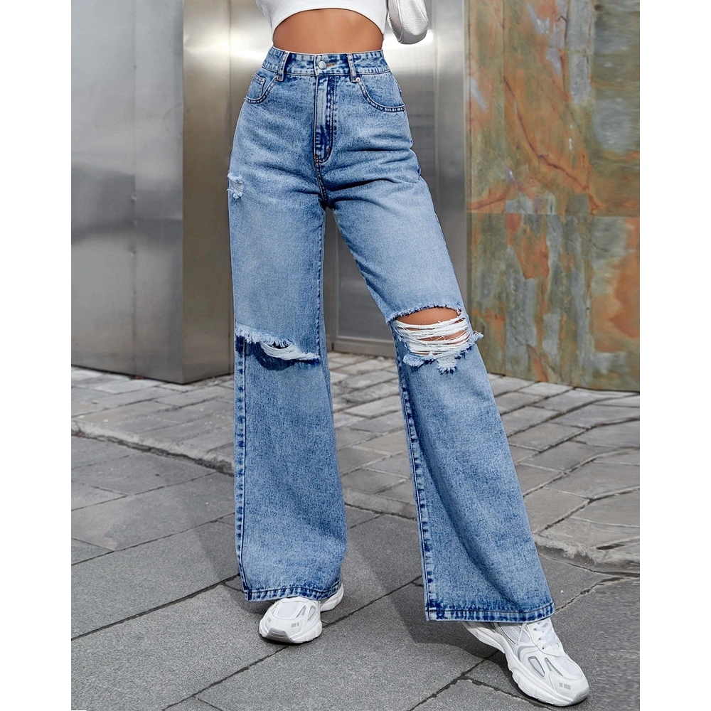 

Spring Women Hollow Out Ripped Design High Waist Jeans Summer Casual Female Wide Leg Pants Streetwear Fashion Vintage Clothing
