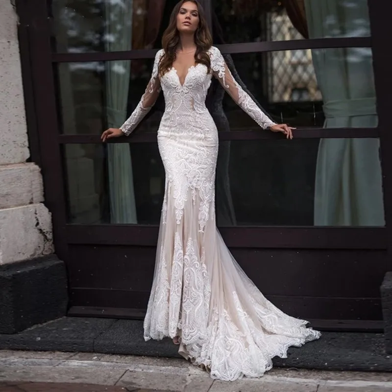 

Elegant Long Sleeves Wedding Dresses Women Mermaid V-Neck Applique Lace Illusion Back Bridal Gown Sweep Train Vestidos De Noiva