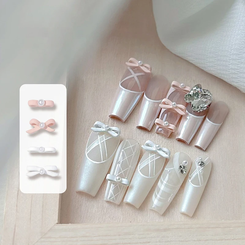 

10pcs Pink Ballet Ribbon Nail Charm 3D Pearl Ballerina Girl Alloy Bows Ribbon Nail Decor Parts DIY French Fashion Nail Art Parts