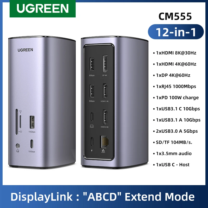 

UGREEN Docking Station 12-IN-1 USB C to 8K HDMI DisplayPort "ABCD" Triple Display RJ45 PD100W Dock for Mac OS M1 10G USB 3.1 HUB