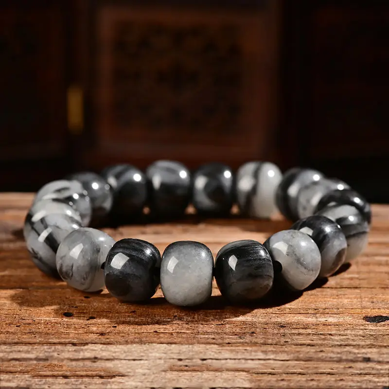 

Hetian Blue Jade Pebble Bracelet Old Barrel Beads Black White Dots Ink Chinese Style Men and Women Couple Bud