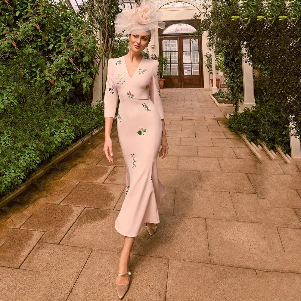 

Элегантное бледно-розовое платье для матери средней длины с аппликацией, платье для свадебной вечеринки с V-образным вырезом и рукавом 3/4