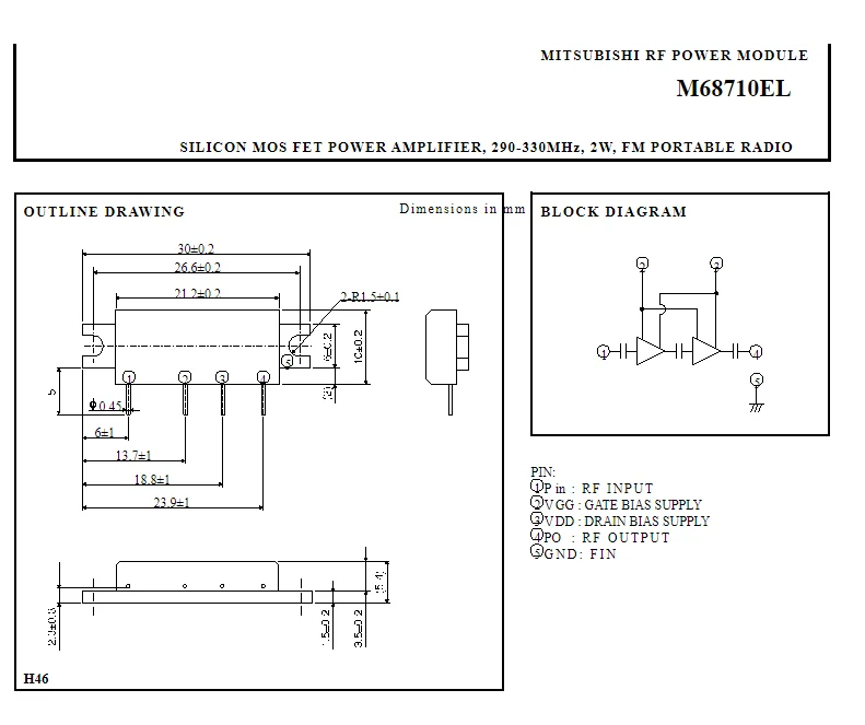 M68710EL H46 Mitsubishi SILICON MOS FET POWER AMPLIFIER, 290-330MHz, 2W, FM PORTABLE RADIO
M68710EL H46 Mitsubishi SILICON MOS FET POWER AMPLIFIER, 290-330MHz, 2W, FM PORTABLE RADIO