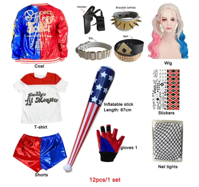 

Carnival Halloween Harley Costumes Cosplay Harleen Quinzel Kids Girls Quinn T Shirt Joker Jacket Party Gifts