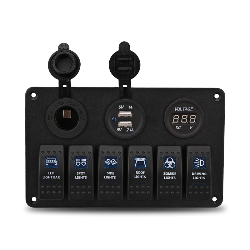 

6 Gang LED Rocker Switch Panel For Car Marine Boat Rv With Digital Voltmeter Dual USB Port 12V Outlet Combination Waterproof