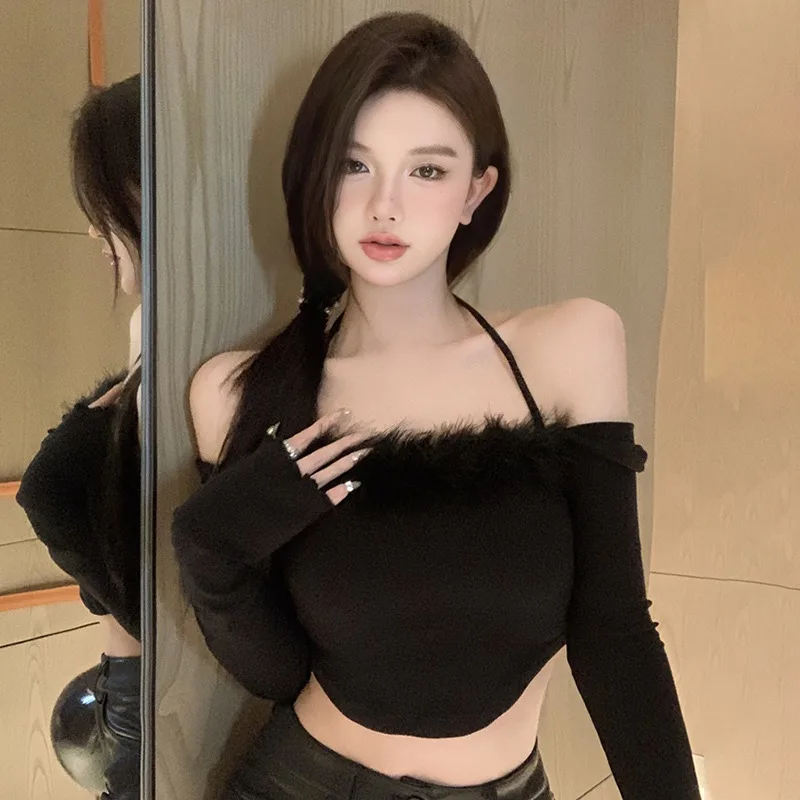 Women Halter Neck Plush Stitching Thin Sweater Vintage Off-the-shoulder Sexy Slim Long-sleeved Knitted Crop Tops 2022 Autum
Women Halter Neck Plush Stitching Thin Sweater Vintage Off-the-shoulder Sexy Slim Long-sleeved Knitted Crop Tops 2022 Autum