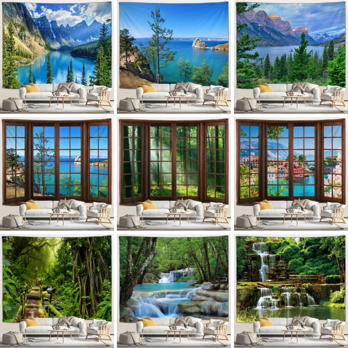 

Outdoor Landscape Tapestry Landscape Forest Waterfall Brown Window Nature Landscape Home Wall Hanging Art Deco Living Room Mural