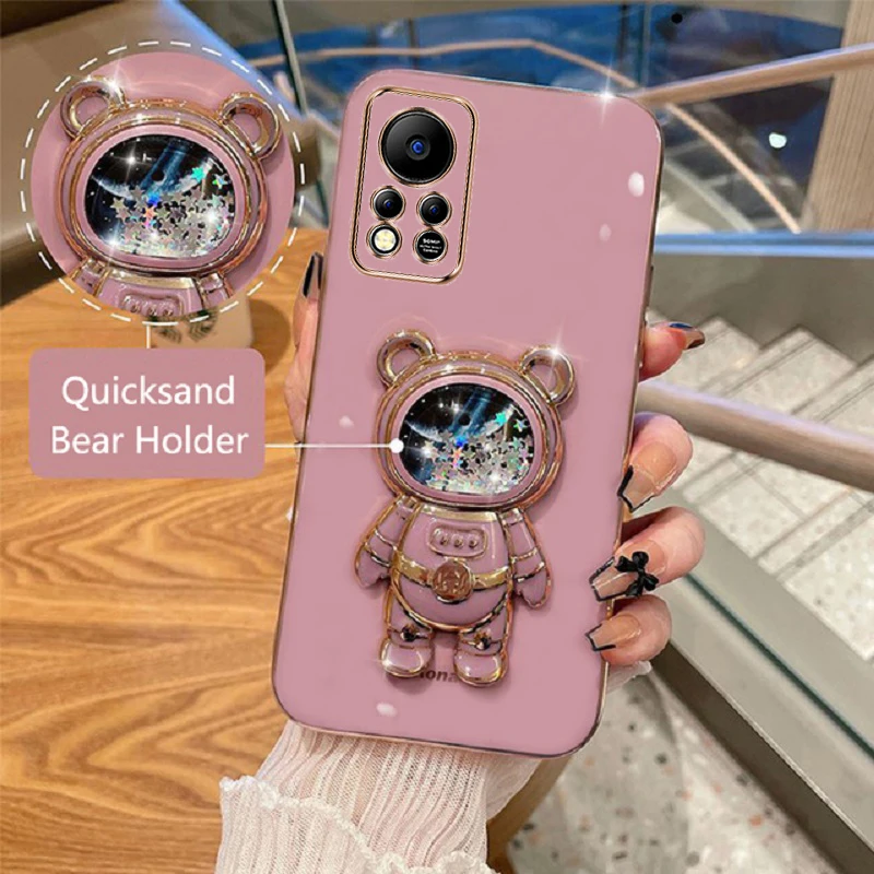 

For Infinix Hot 11S Nfc Phone Case Quicksand Cartoon Bear Fold Stand Solid Color Soft Silicone Luxury Plating Cover