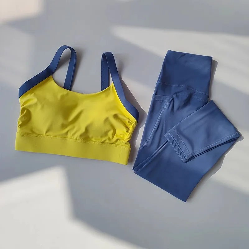Color blocked sports bra set: Cross back integrated collection with double breast, shock-absorbing, quick drying, high waist and Color blocked sports bra set: Cross back integrated collection with double breast, shock-absorbing, quick drying, high waist and