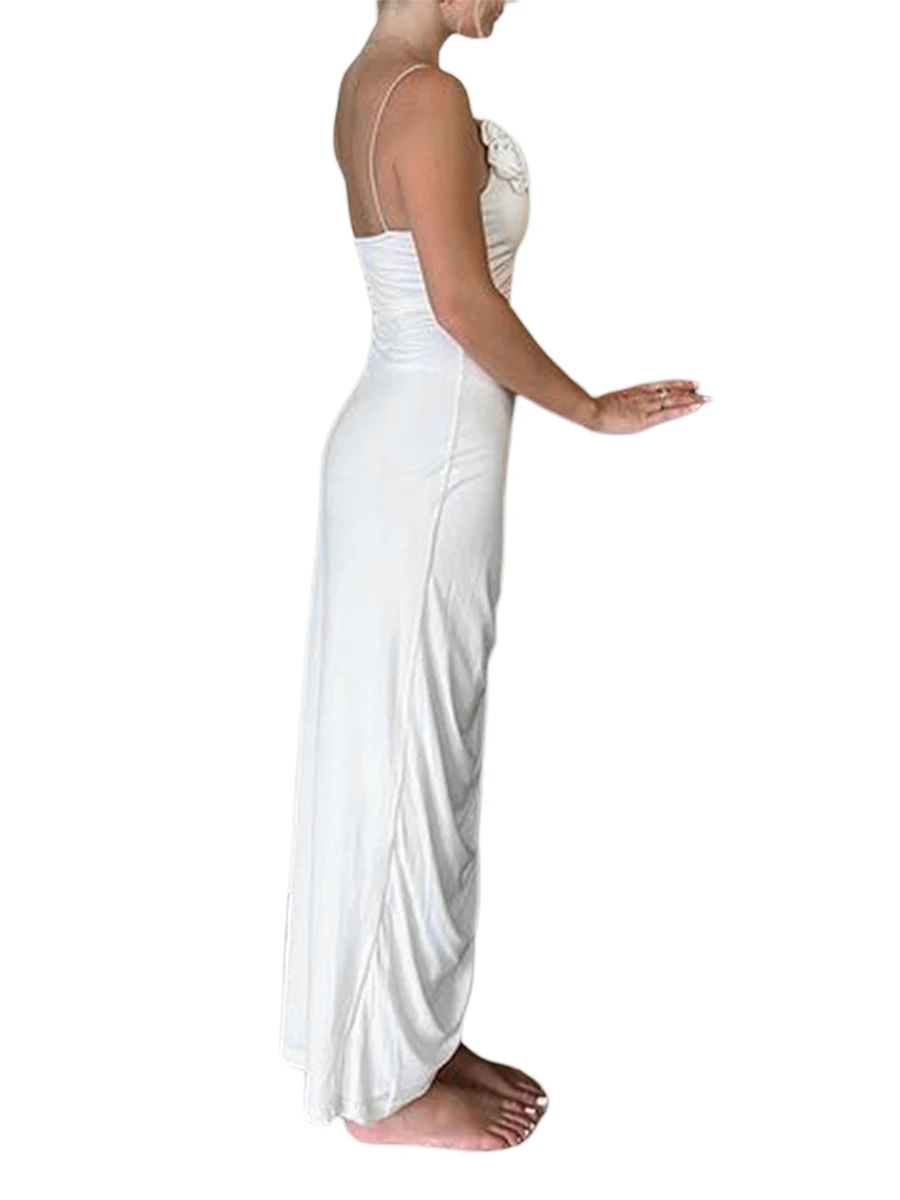 

Women s Spaghetti Strap Thigh-high Slit Bodycon Maxi Dress 3D Flower Decor Slim Fit Party Club Long Dress