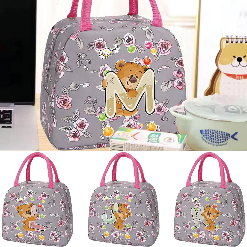 

Zipper Lunch Bag for Kids Design Grey Flower Color Lunch Box Microwave Safe Dinner Box Printing Bear