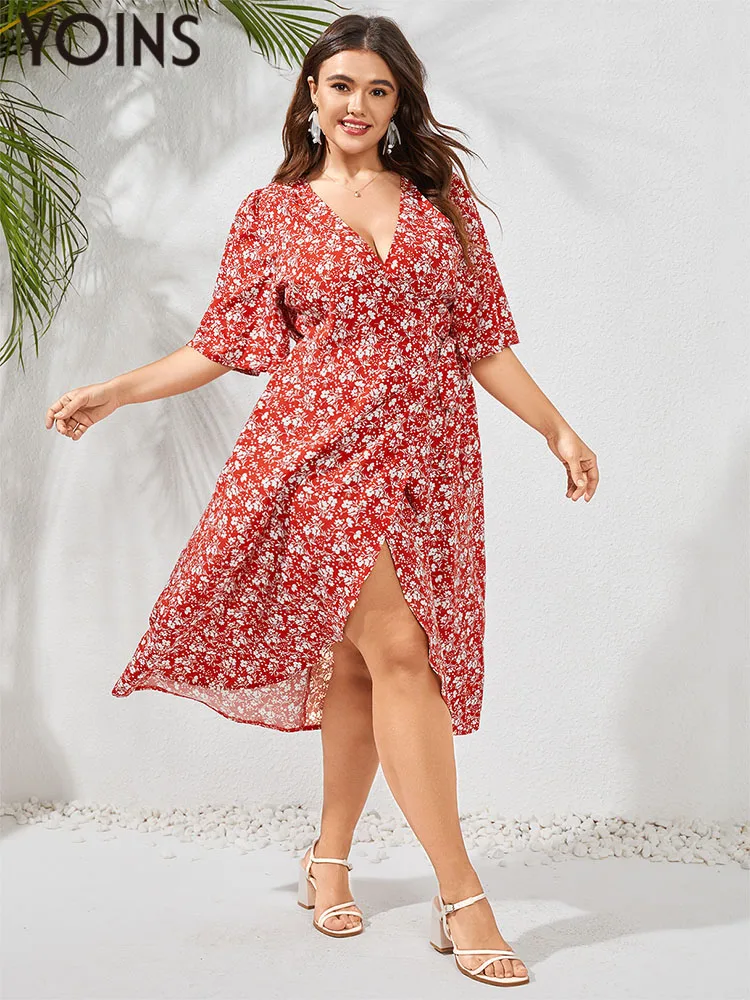 

YOINS Plus Size Bohemian Floral Print Midi Dress 2023 Summer Women Short Sleeve Party Vestidos V Neck Casual Wrap Slit Long Robe