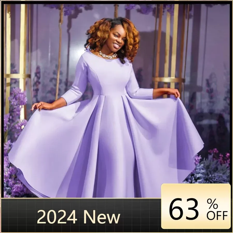 

Элегантные фиолетовые красивые женские платья, однотонное вечернее платье средней длины с длинным рукавом и круглым вырезом, ТРАПЕЦИЕВИДНОЕ Плиссированное Платье, модная африканская одежда