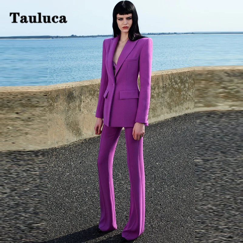 Женский офисный костюм из двух предметов, однотонный Блейзер средней длины на одной пуговице и брюки-клеш для работы и весны и осени 
Женский офисный костюм из двух предметов, однотонный Блейзер средней длины на одной пуговице и брюки-клеш для работы и весны и осени