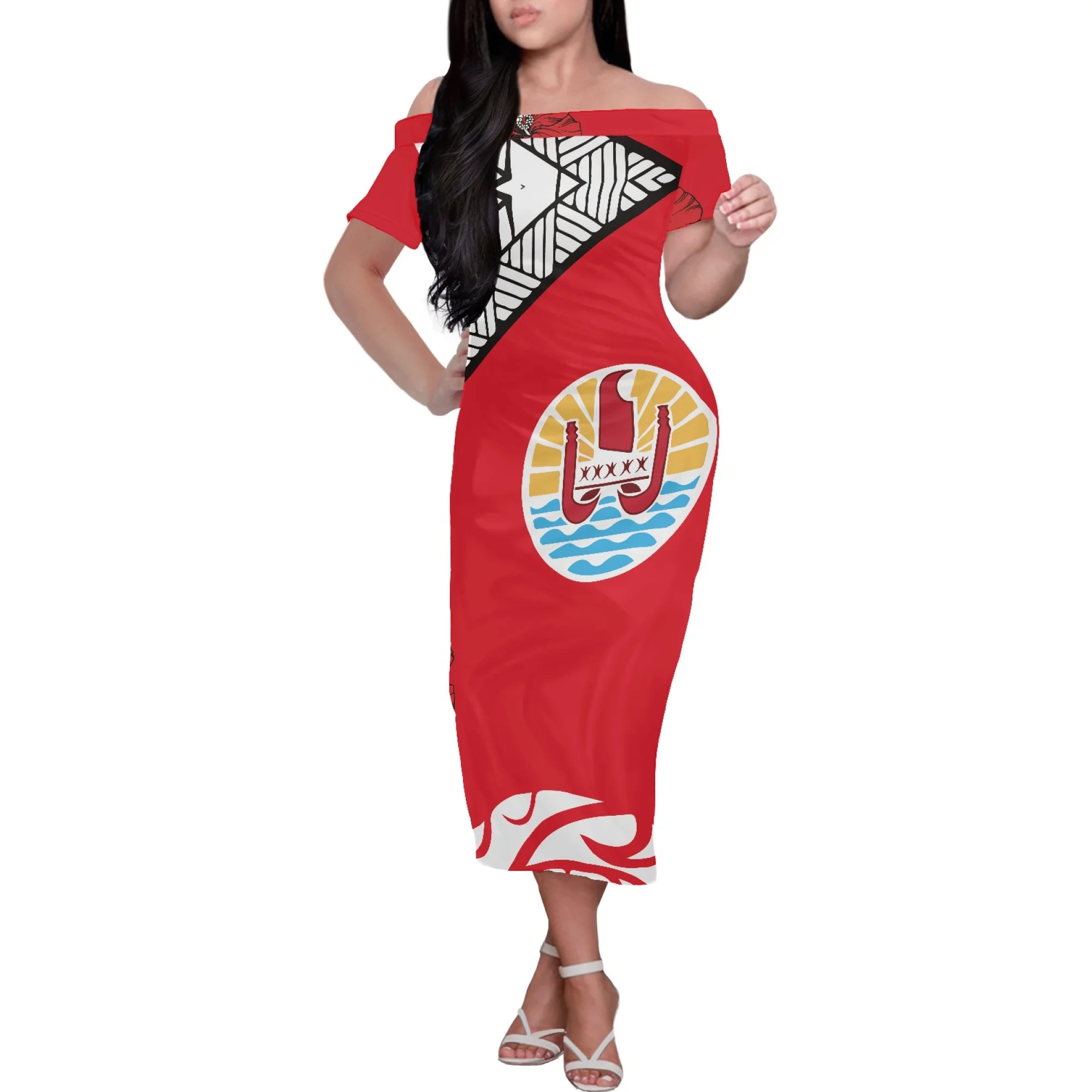 

2023 New Design Hawaiian Samoa Style Long Dress Polynesian Tribal Prints Women Print-On-Demand Short Sleeve Dresses