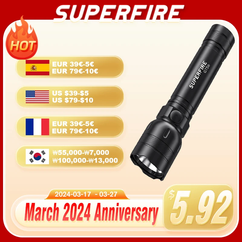 

SUPERFIRE LED Flashlight USB C Rechargeable 20W High Powerful Light 5000LM SH-S14 Torch 21700 Battery for Camping Hunting