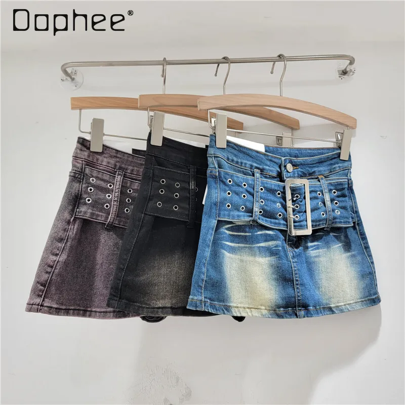 

Retro Hot Girl Belted Denim Skirt 2024 Summer New Streetwear American Women's Slim Fit Hip Raise High Waist Sheath Jean Skirts