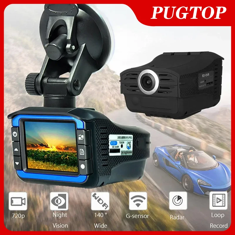 

PUGTOP VG3 720P HD Dash Cam Car 2 In 1 Anti Radar Detector DVR Camera Recorder Color Screen 140 Dashcam English Russian Voice