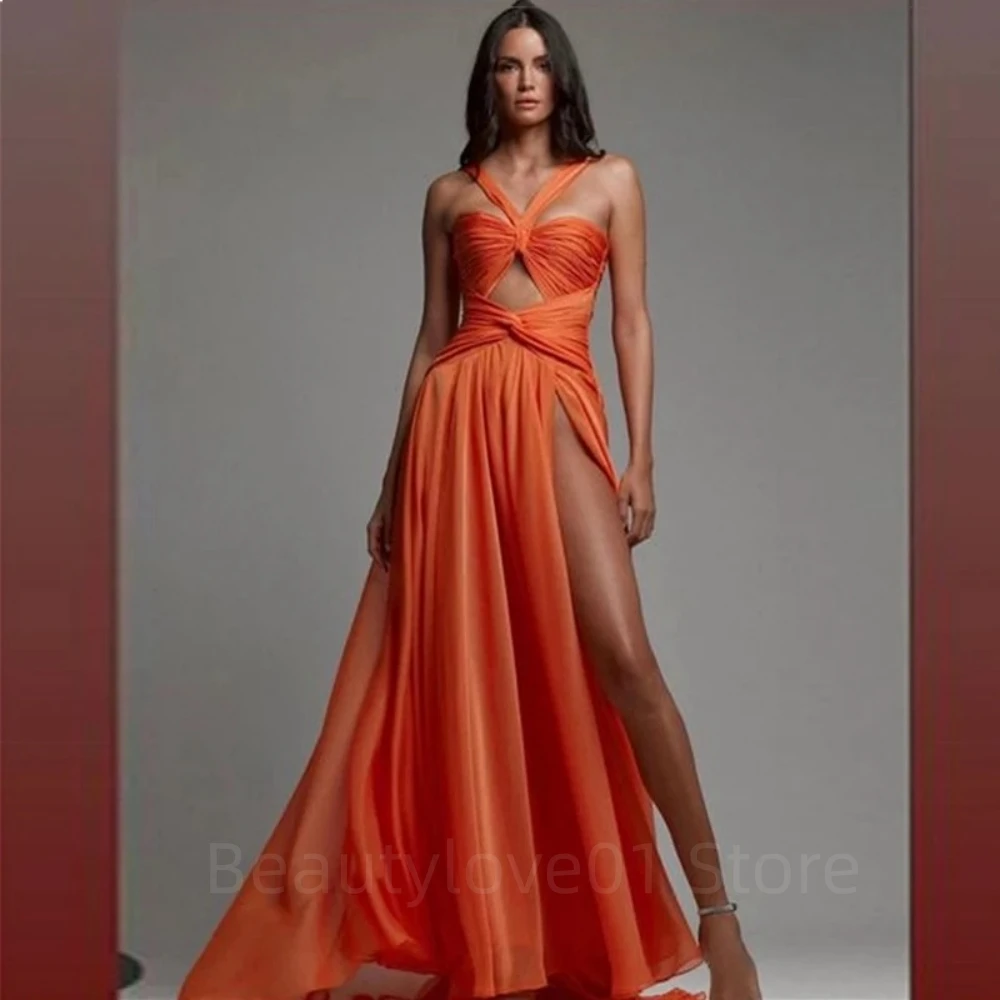 

Sexy Halter Orange Prom Dress High Side Slit Pleat Long Evening Dresses Vestidos De Festa Floor-Length Vestido Feminino Elegante