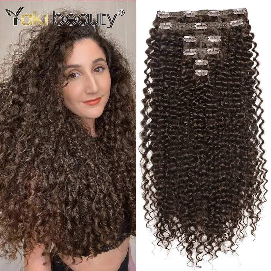 

Synthetic Afro Kinky Curly Clip In Hair Extension Double Weft Full Head 26 inch 6PCS Organic Ice Silk Hairpiece Black Brown 160g