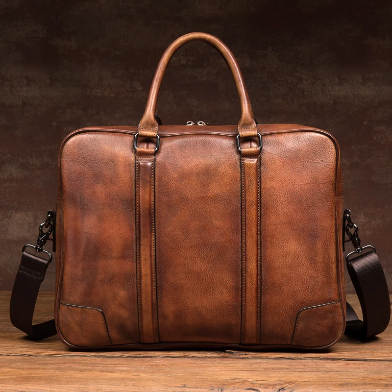 

High Quality New Hand-Brushed Vegetable Tanned Leather Casual Men's Bag Business Briefcase Computer Handbag Fashion