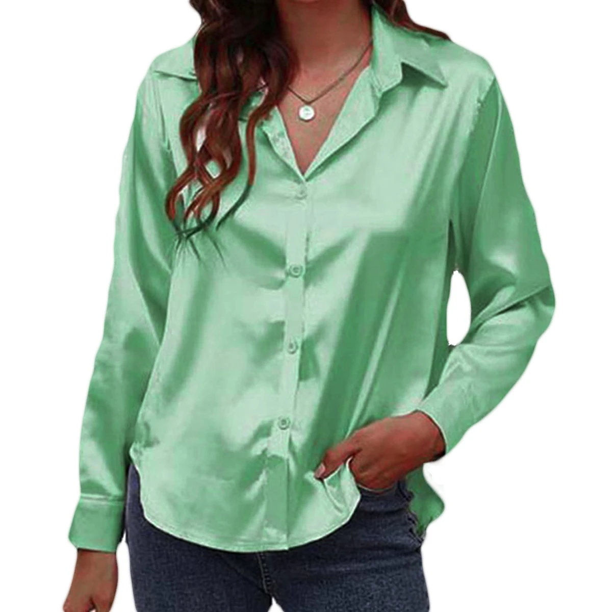 

Блузка женская однотонная в стиле оверсайз, шелковая рубашка с принтом мятного, зеленого, белого, черного, красного, синего, розового, золотого, серебряного, фиолетового цветов, топ Барри Ван