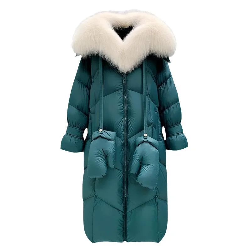 

Winter Long Sleeve Goose Down Coat Women Fashion Thicken Warm Puffy Down Coat with Real Fox Fur Collar Female Overcoat